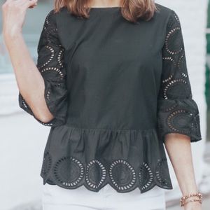 LOFT black eyelet peplum top size Large Petite